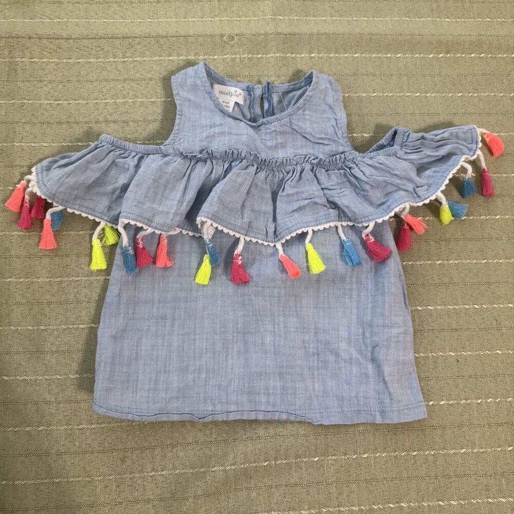 Mud pie Girl Blue Tank Off Shoulder Top With Tassels Size 12-18M Great Condition